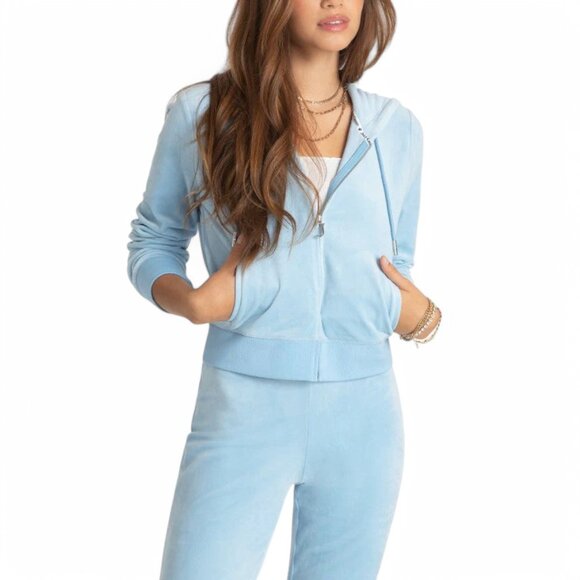 JUICY COUTURE BLING Velour 2 Piece TRACKSUIT Pants + Hoodie Set Frosted Blue NWT - Picture 6 of 16